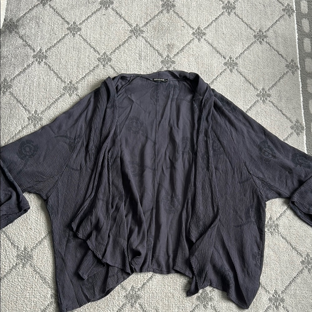 Grizas Gray Open Front Silk Blend Crinkle Cardigan